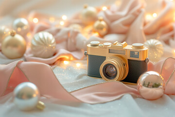 camera and christmas decorations, A Christmas photo session background sets the stage with a pastel neutral color backdrop adorned with delicate bokeh