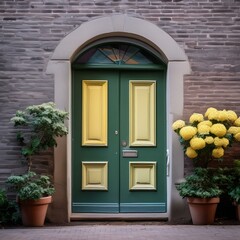 a yellow and green door against a rustic old brick wall backdrop, door in the building