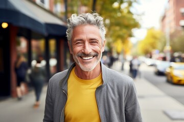 Portrait of a joyful man in his 50s smiling at the camera while standing against soft yellow...
