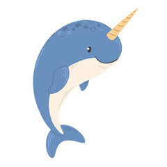 Narwhal in a cute cartoon style isolated on white. Vector illustration with a blue smiling narwhal © Ekaterina Chemakina