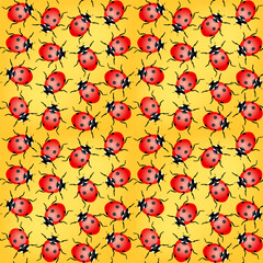 Beautiful red ladybugs on a bright yellow background. Seamless natural pattern, print, vector illustration
