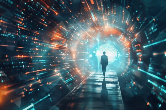 Abstract digital transformation concept in business showing a businessman walking towards a virtual portal filled with data and technology symbols