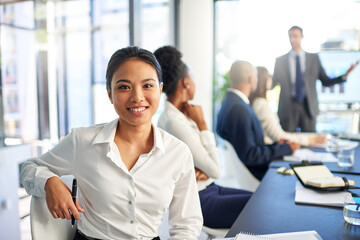 Woman, employee and smile on portrait in boardroom with pride for career grow and opportunity as...