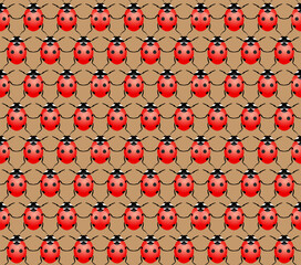 Beautiful red ladybugs on a brown background. Seamless natural pattern, print, vector illustration