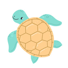 Sea turtle in a cute cartoon style isolated on white. Vector illustration with a green smiling turtle