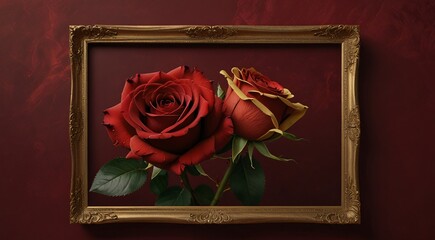  red rose with gold frame on a burgundy background