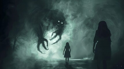 Obraz premium A woman stands in front of a monster with glowing eyes