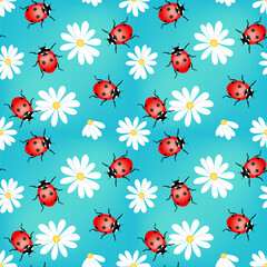 Beautiful red ladybugs on a bright blue background with white daisy flowers. Seamless natural pattern, print, vector illustration