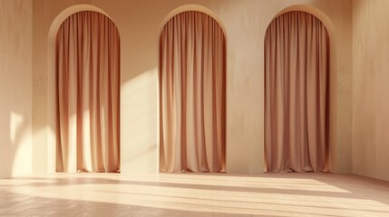 Fototapeta premium A minimalist interior featuring three arched openings with soft, flowing curtains. The warm, neutral tones create a serene atmosphere, with sunlight casting gentle shadows on the wooden floor