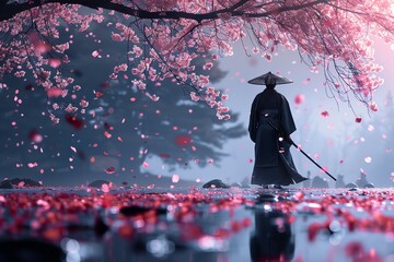Convey the quiet strength of a lone samurai standing against a backdrop of falling cherry blossoms