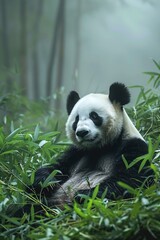 Convey the serene majesty of a lone panda lounging amidst bamboo groves in the mist