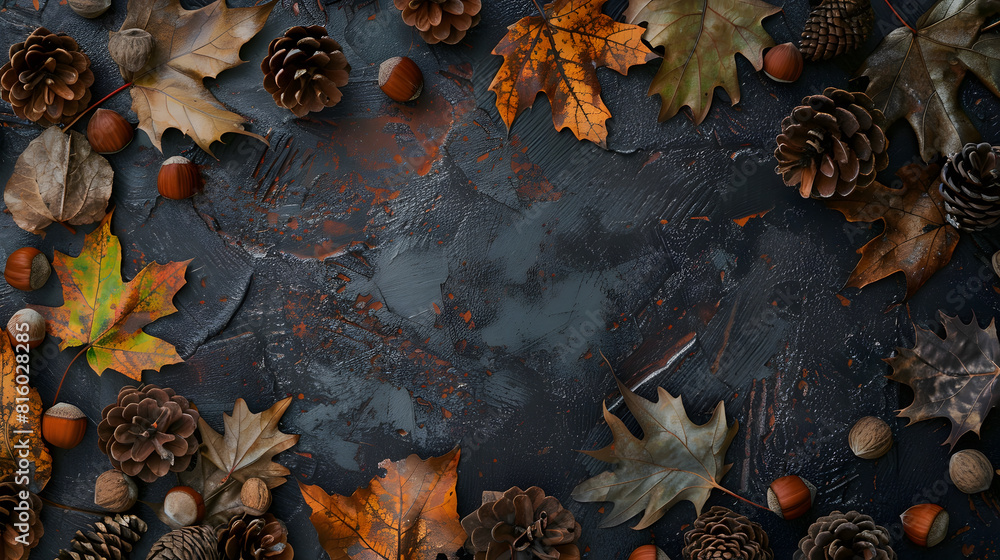 Poster Colorful autumn leaves nuts and pine cones Double border over a rustic dark banner background Top down view with copy space : Generative AI