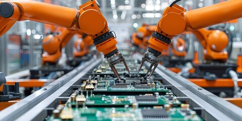 Precision of Robotic Arms in Installing Components on Circuit Boards at Automated Assembly Line. Concept Robotic Arms, Automated Assembly, Precision Engineering, Circuit Board Components