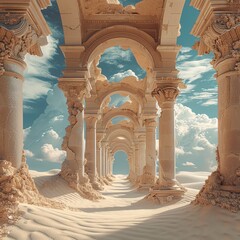 Craft a surreal dreamscape where ancient ruins emerge from the sands of a desert oasis
