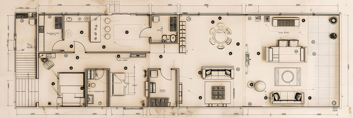 Detailed Residential Architectural Blueprint: Showcasing Room Layout, Fixtures and Furniture Placement