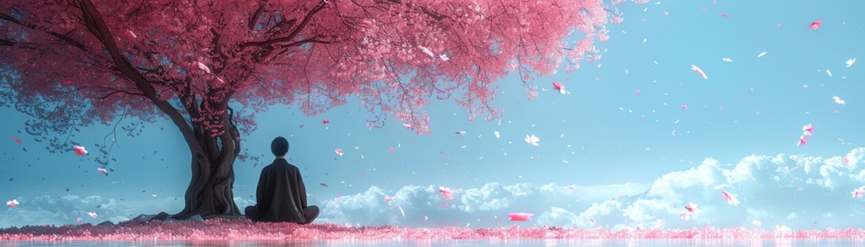 Craft a minimalist masterpiece of a lone figure meditating beneath a sprawling cherry blossom tree