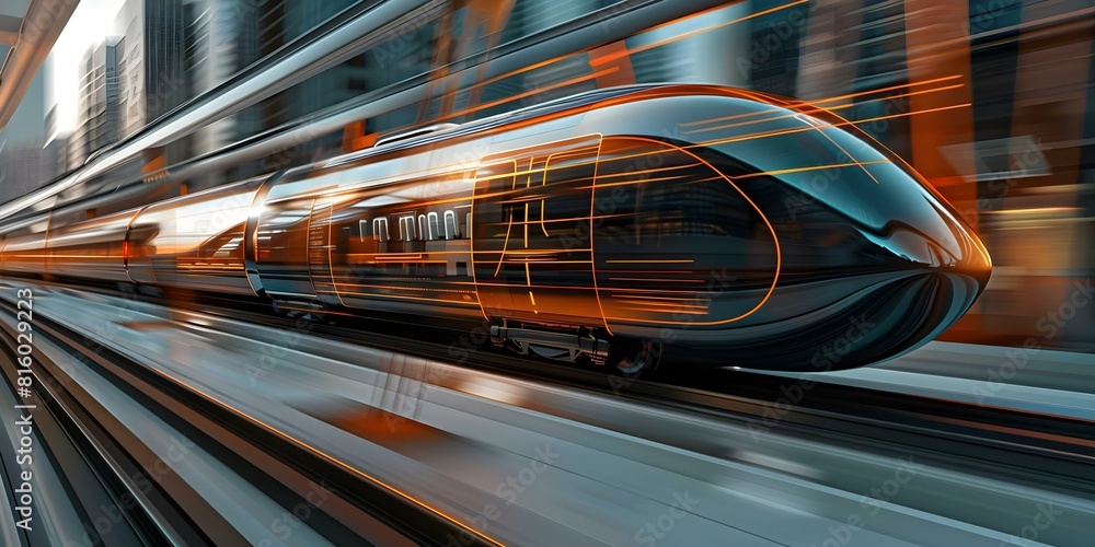 Poster incorporating automated driving systems in urban environments for high-tech trains or hyperloops. co