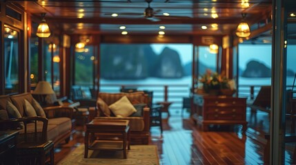 selective focus luxury living room on cruise ship travelling  , cozy with comfort atmosphere, Generative Ai	
