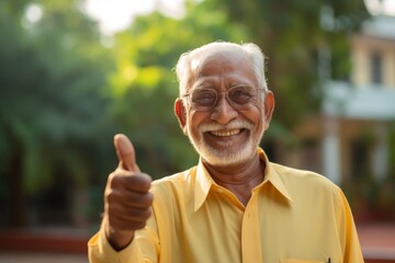 Portrait of a happy indian elderly man in his 90s showing a thumb up while standing against soft yellow background