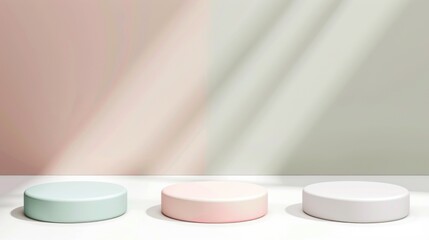 Three pastel-colored podiums in a minimalist setting with soft lighting and shadows