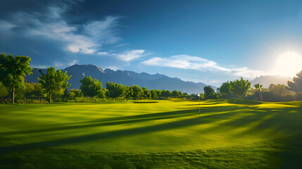 Golf course with mountain and blue sky background : Generative AI