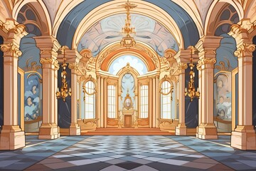 Obraz premium Baroque palace interiors flat design top view opulent detail theme cartoon drawing triadic color scheme