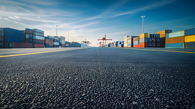 Empty asphalt road and container port background : Generative AI
