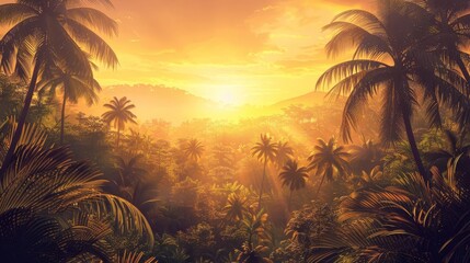 tranquil sunset over lush palm garden tropical paradise landscape warm golden hour light digital painting
