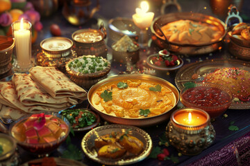 Table is filled with a delicious spread of Indian dishes including basundi, puran poli, and jalebis for the holiday of Gudi Padwa. Indian holiday new year. Food aesthetics 