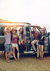 Friends, portrait and road trip in car for travel, together and journey with explore, adventure or...