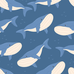 Seamless pattern with cute cartoon whales on a blue background. Vector illustration background
