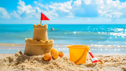 A simple, small sand castle is shown in the foreground with a blue sea background. The sand castle has a flag toy and bucket placed near it on the sunny beach day