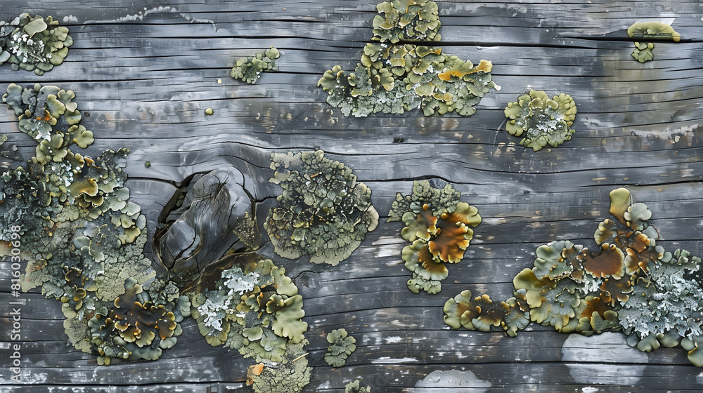 Poster lichen on wood texture background closeup of an old rough wood vertical background texture with lich
