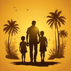  man and two children are standing in front of palm trees.