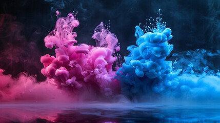 Ink drop in water abstract colorful pink and blue dye in water dark background