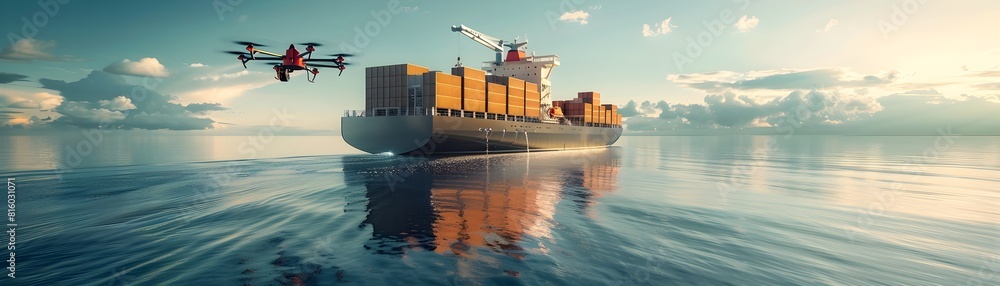 Poster futuristic cargo ship with automated drones loading containers for high tech logistics and efficient