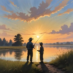 A man fishing with his son in a lake with a sunset in the background.