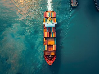Aerial view of bustling international cargo port with containers being loaded onto cargo ship for...
