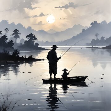 A man fishing with his son in a lake with a sunset in the background.