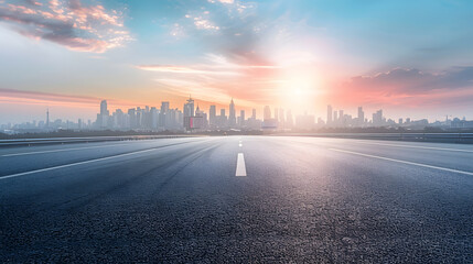 Empty urban asphalt road exterior with city buildings background New modern highway concrete construction Concept of way to success Transportation logistic industry fast delivery New Y : Generative AI