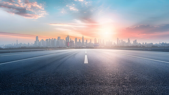 Empty urban asphalt road exterior with city buildings background New modern highway concrete construction Concept of way to success Transportation logistic industry fast delivery New Y : Generative AI