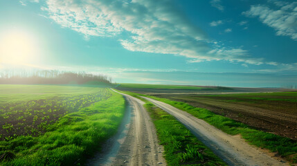 Fototapeta premium Green field with grass against the blue sky Country road in the middle of a field with winter crops in early spring Sunny weather in the countryside : Generative AI