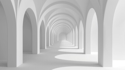 Fototapeta premium A minimalist architectural interior featuring a long corridor with multiple white arches. The space is brightly lit, creating soft shadows on the floor. The design emphasizes symmetry and simplicity