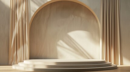 Fototapeta premium A minimalist stage with a round arch and curtains, bathed in soft natural light
