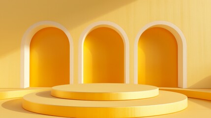 Minimalist yellow podium with three arched doorways in a bright, modern setting