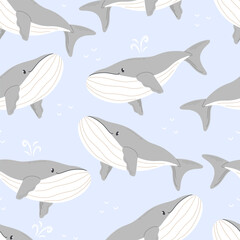 Seamless pattern with cute cartoon whales on a blue background. Vector illustration background