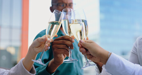 Toast, Champagne in hands and glasses to celebrate and business people outdoor for success together...