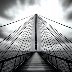 Obraz premium Vertical grayscale shot of a suspension bridge under the cloudy sky -- generated by ai