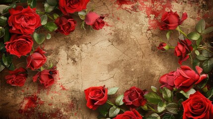 Luxurious red roses provide a stunning backdrop for a beautiful greeting card featuring elegant roses