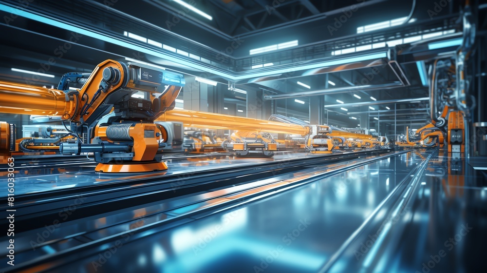 Poster a futuristic factory floor with advanced robotics and conveyor belts working in perfect harmony, pro